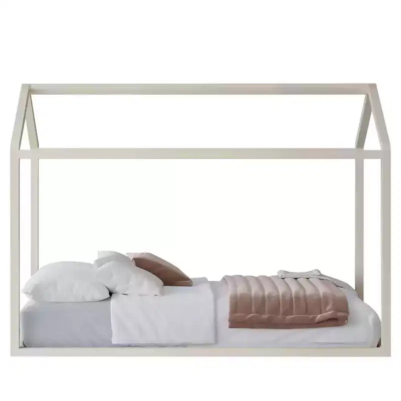 Kids Wooden Canopy Bed Frame, House-Shaped, Twin Size