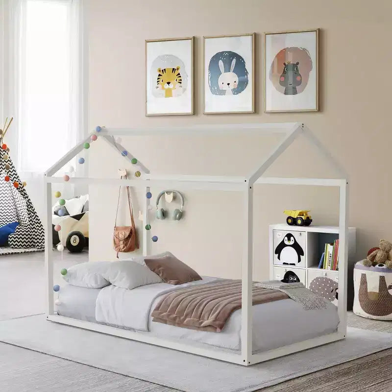Kids Wooden Canopy Bed Frame, House-Shaped, Twin Size
