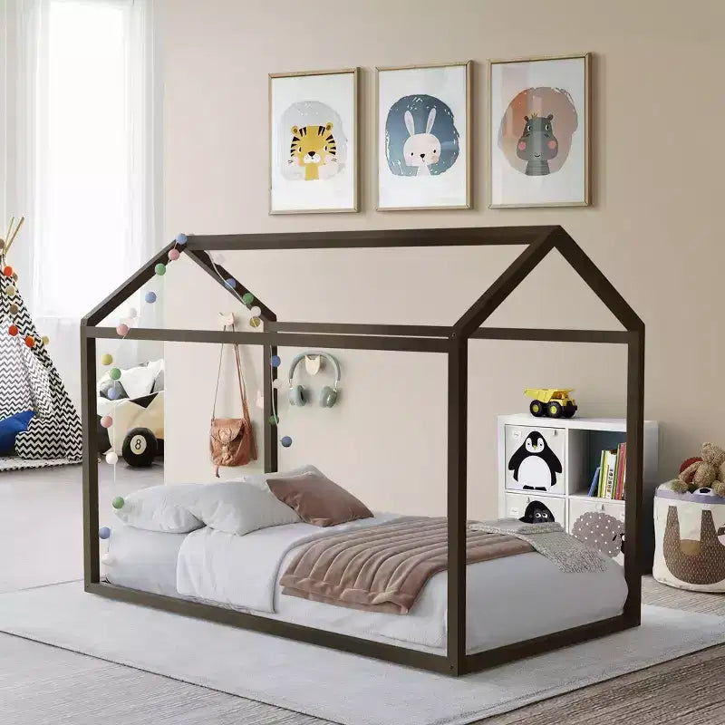 Kids Wooden Canopy Bed Frame, House-Shaped, Twin Size