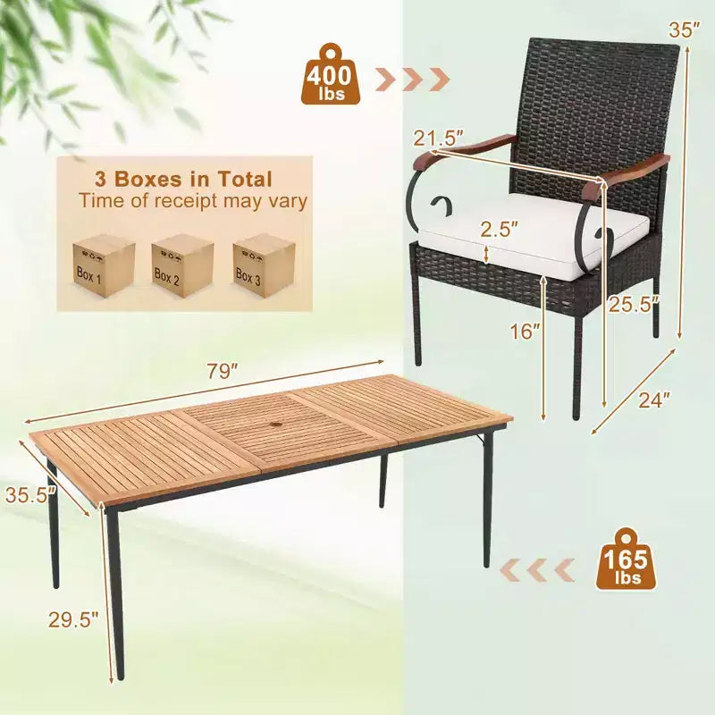 Costway 9-teiliges Terrassen-Essset mit Tischplatte aus Akazienholz, 1,9-mit Schirmloch, für den Außenbereich