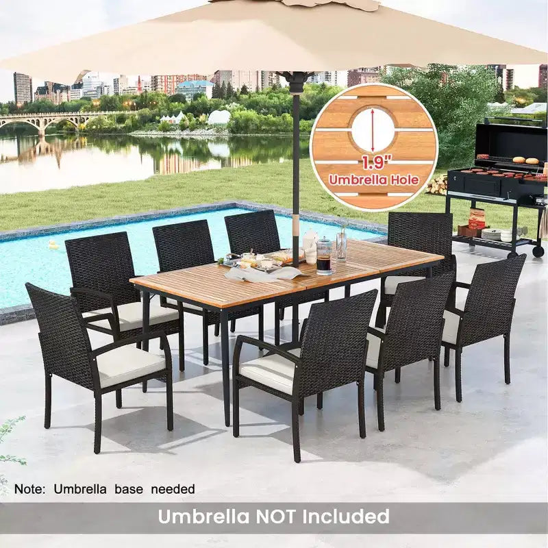 Conjunto de comedor para patio de 9 piezas de Costway, mesa de comedor exterior de madera de acacia con orificio para sombrilla de 1,9