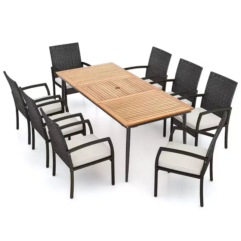 Conjunto de comedor para patio de 9 piezas de Costway, mesa de comedor exterior de madera de acacia con orificio para sombrilla de 1,9