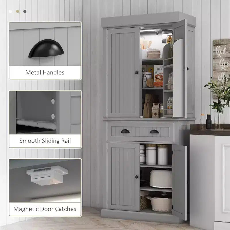 71" LED Kitchen Pantry Cabinet with 6 Door Shelves, Drawer and 4 Adjustable Shelves