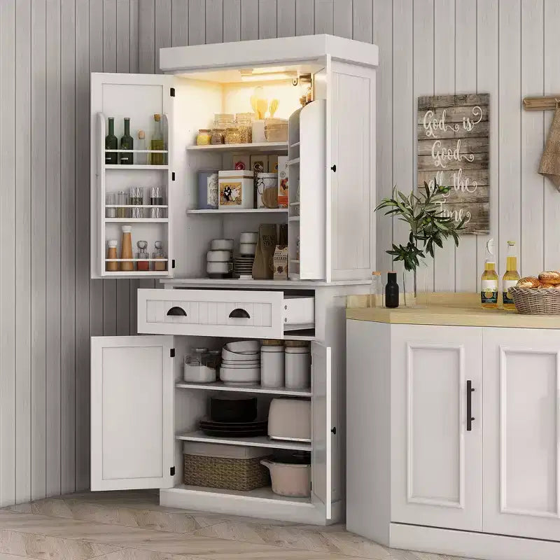 71" LED Kitchen Pantry Cabinet with 6 Door Shelves, Drawer and 4 Adjustable Shelves