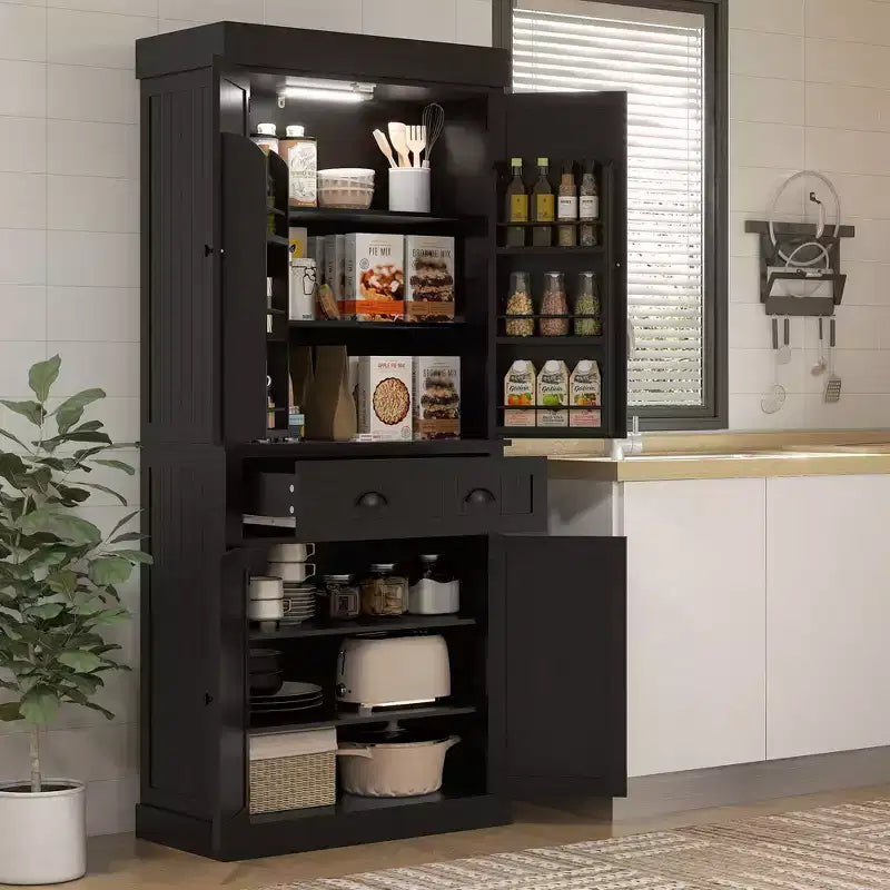 71" LED Kitchen Pantry Cabinet with 6 Door Shelves, Drawer and 4 Adjustable Shelves
