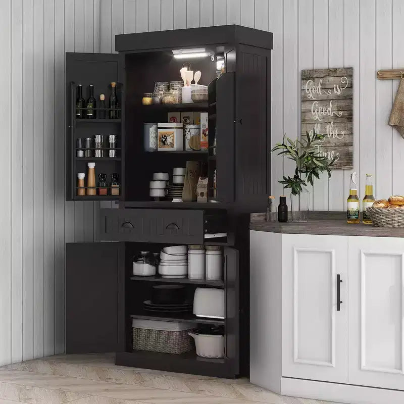 71" LED Kitchen Pantry Cabinet with 6 Door Shelves, Drawer and 4 Adjustable Shelves