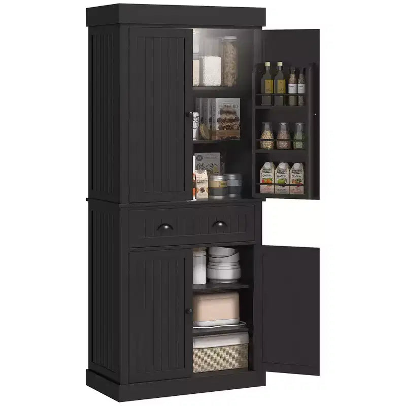 71" LED Kitchen Pantry Cabinet with 6 Door Shelves, Drawer and 4 Adjustable Shelves