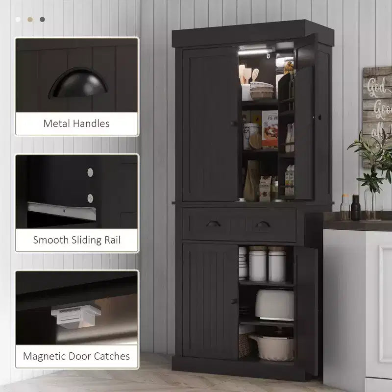 71" LED Kitchen Pantry Cabinet with 6 Door Shelves, Drawer and 4 Adjustable Shelves