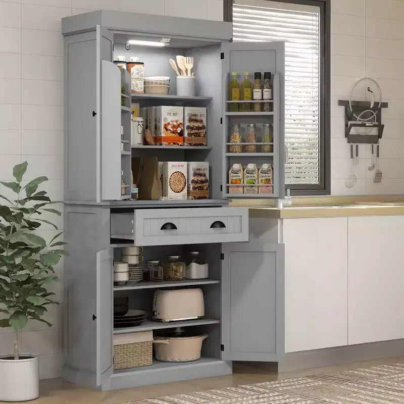 71" LED Kitchen Pantry Cabinet with 6 Door Shelves, Drawer and 4 Adjustable Shelves