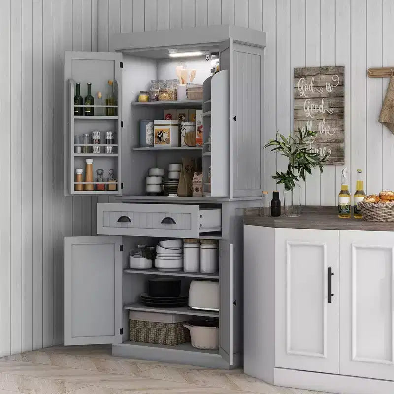 71" LED Kitchen Pantry Cabinet with 6 Door Shelves, Drawer and 4 Adjustable Shelves