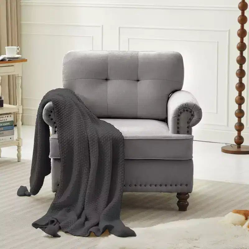 Chenille Upholstered Pull Point Accent Chair, Sofa Armrest Chair for Living Room, Bedroom, Office