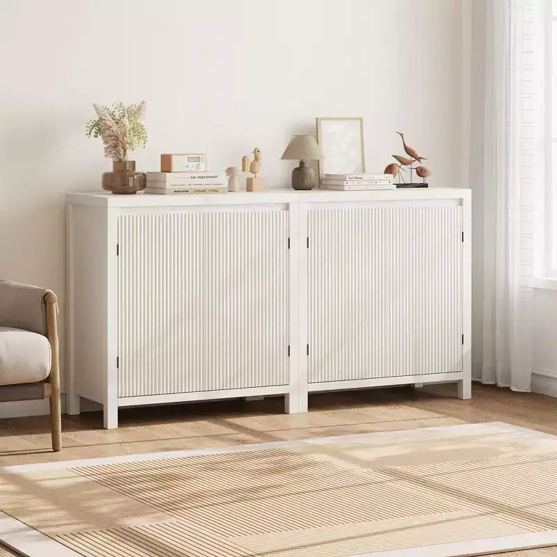 Rattan Storage Cabinet, Wooden Sideboard Buffet Cabinet with Doors and Shelves, Small Console Cabinet with Storage for Entryway, Beige