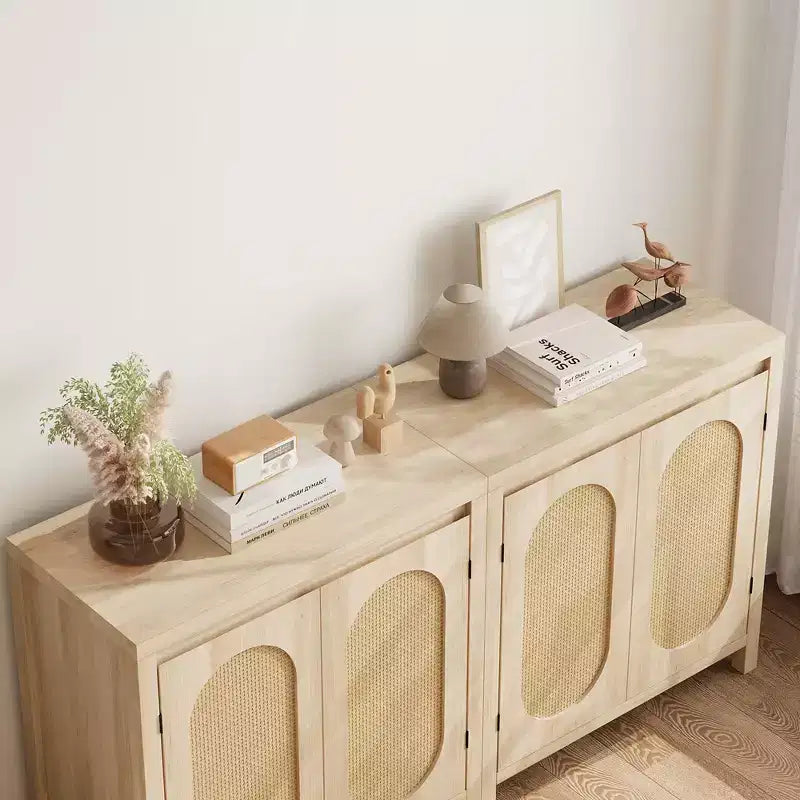 Rattan Storage Cabinet, Wooden Sideboard Buffet Cabinet with Doors and Shelves, Small Console Cabinet with Storage for Entryway, Beige
