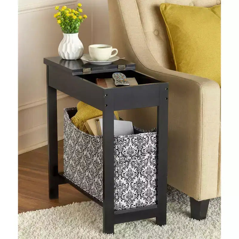Side Table with Fashion Print Storage Bin - Wood with Fabric Basket