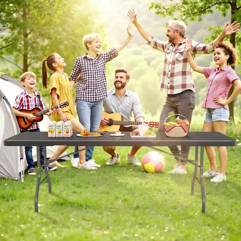 8 Foot Portable Folding Table HDPE Plastic Indoor Outdoor Fold-in-Half Black Seats 10 to 12