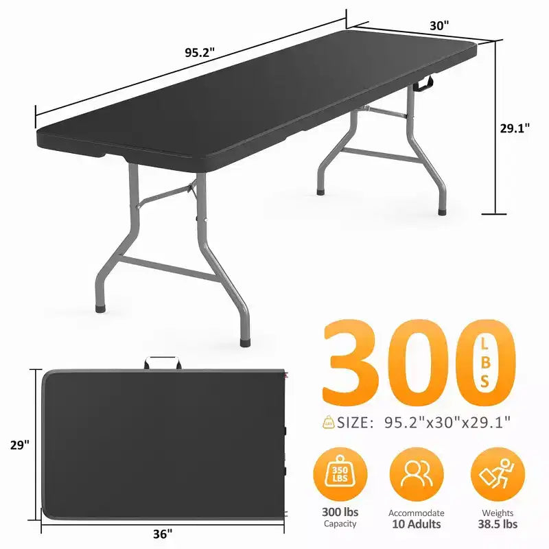 8 Foot Portable Folding Table HDPE Plastic Indoor Outdoor Fold-in-Half Black Seats 10 to 12