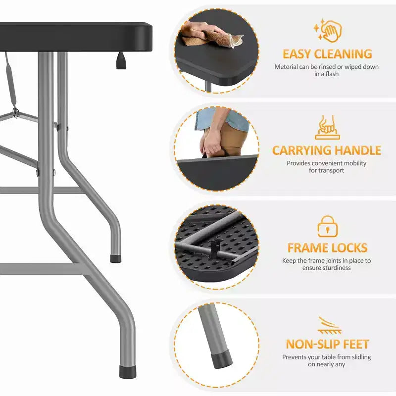 8 Foot Portable Folding Table HDPE Plastic Indoor Outdoor Fold-in-Half Black Seats 10 to 12