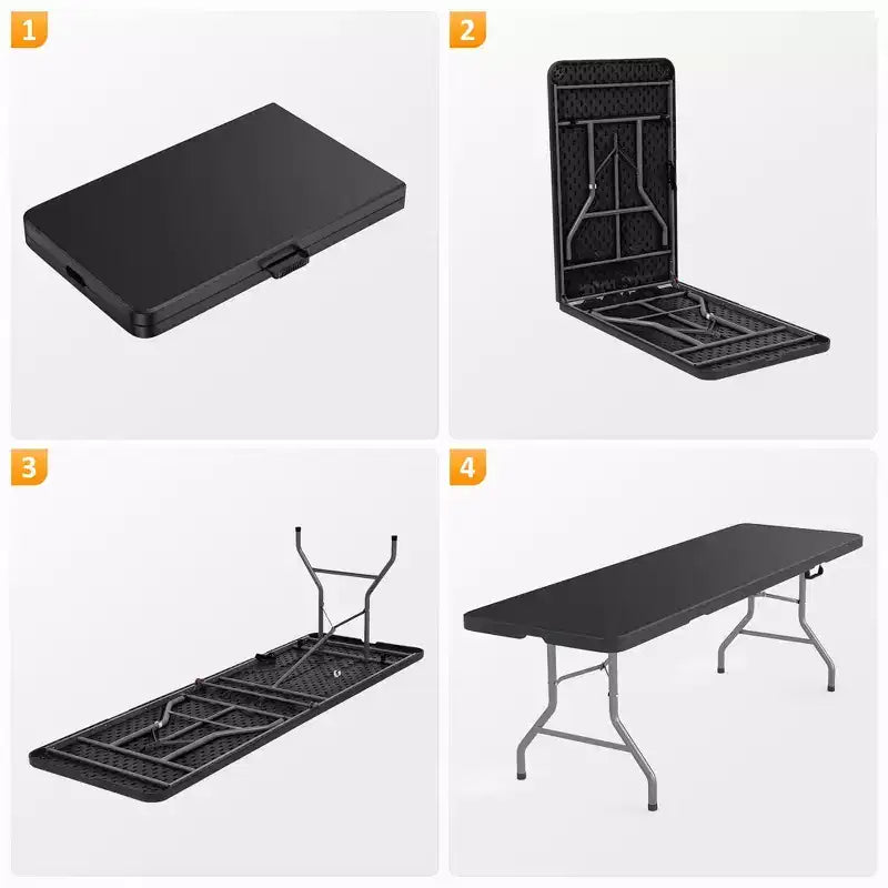 8 Foot Portable Folding Table HDPE Plastic Indoor Outdoor Fold-in-Half Black Seats 10 to 12