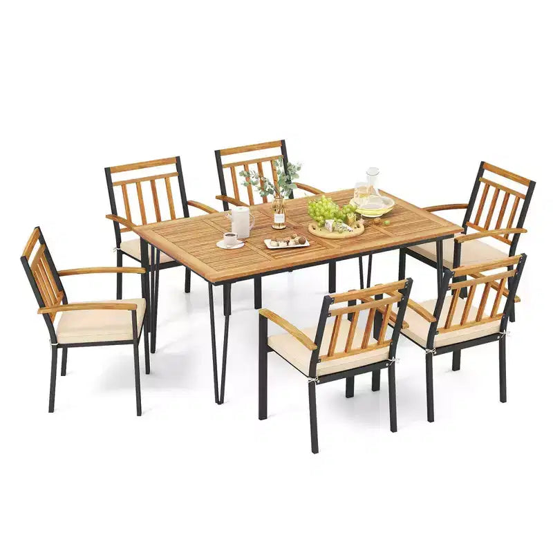 Conjunto de comedor para patio de 7 piezas Costway con mesa de comedor de madera de acacia, sillones de ratán y cojines suaves
