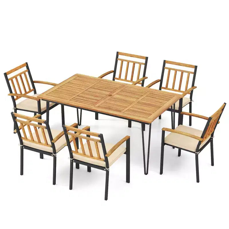 Conjunto de comedor para patio de 7 piezas Costway con mesa de comedor de madera de acacia, sillones de ratán y cojines suaves