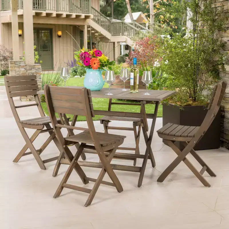 Juego de comedor plegable de 5 piezas para exteriores GDFStudio Rabion de madera de acacia, gris