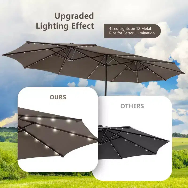 Costway 11-teiliges Essgruppenset für die Terrasse mit 4,6 m großem doppelseitigem Sonnenschirm, 8 Armlehnstühlen, Blau/Beige/Orange/Weinrot