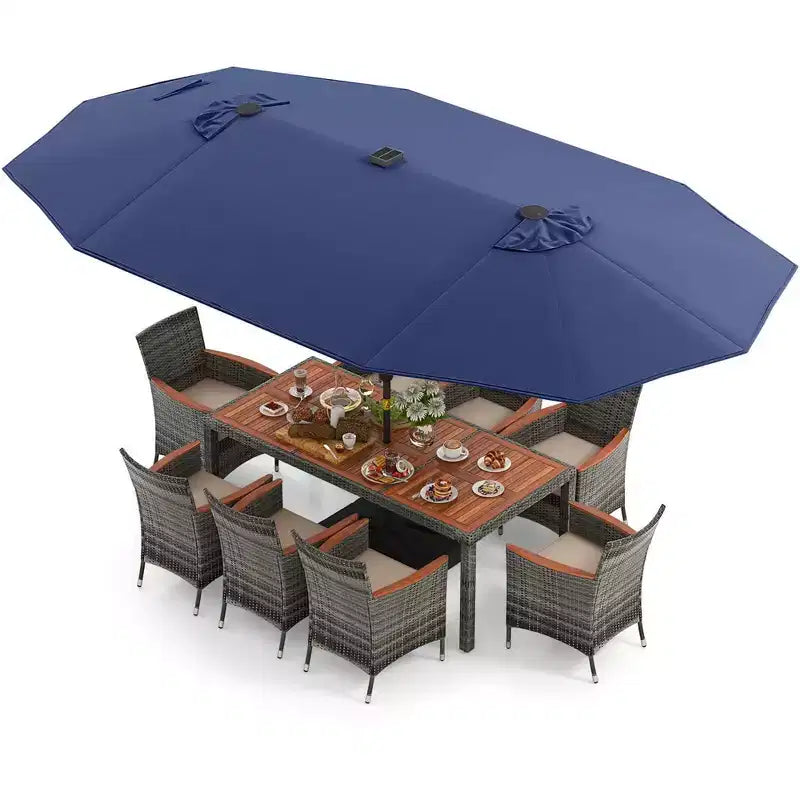Costway 11-teiliges Essgruppenset für die Terrasse mit 4,6 m großem doppelseitigem Sonnenschirm, 8 Armlehnstühlen, Blau/Beige/Orange/Weinrot