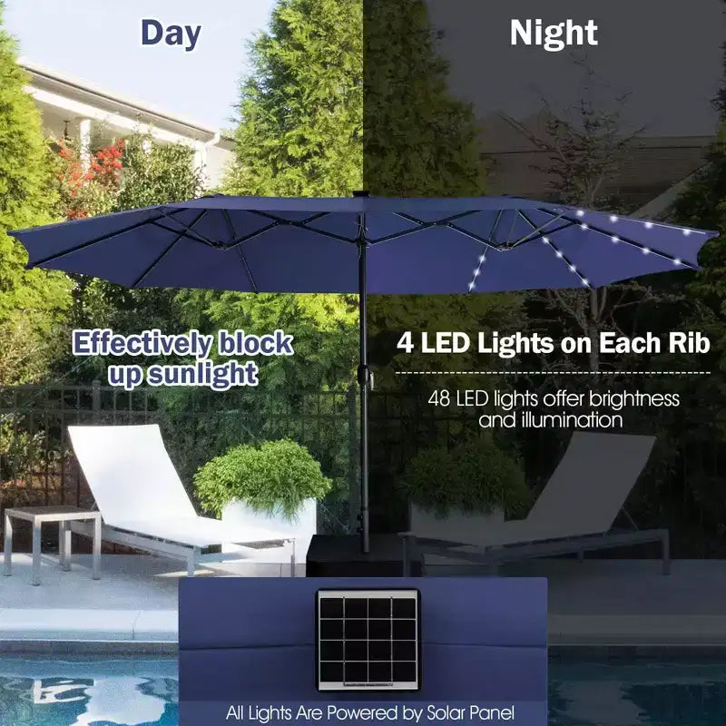 Costway 11-teiliges Essgruppenset für die Terrasse mit 4,6 m großem doppelseitigem Sonnenschirm, 8 Armlehnstühlen, Blau/Beige/Orange/Weinrot