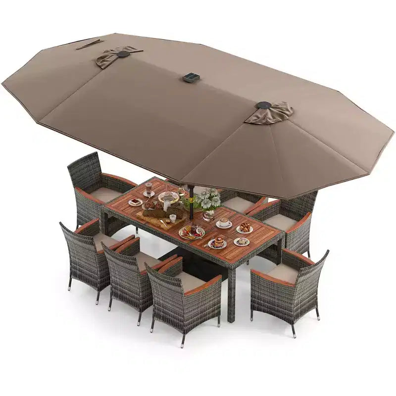Costway 11-teiliges Essgruppenset für die Terrasse mit 4,6 m großem doppelseitigem Sonnenschirm, 8 Armlehnstühlen, Blau/Beige/Orange/Weinrot