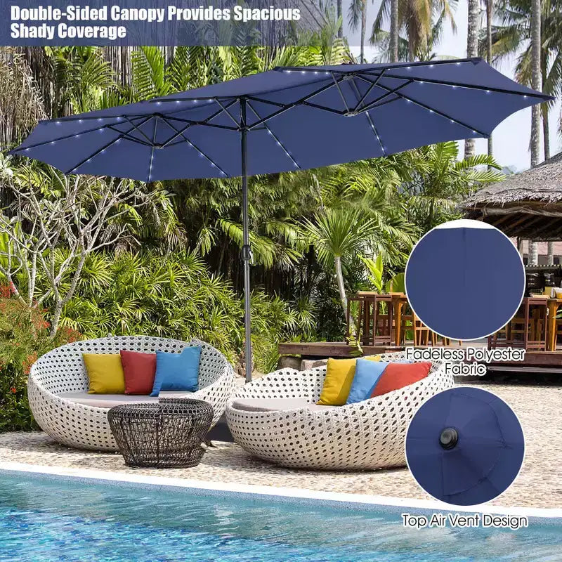 Costway 11-teiliges Essgruppenset für die Terrasse mit 4,6 m großem doppelseitigem Sonnenschirm, 8 Armlehnstühlen, Blau/Beige/Orange/Weinrot