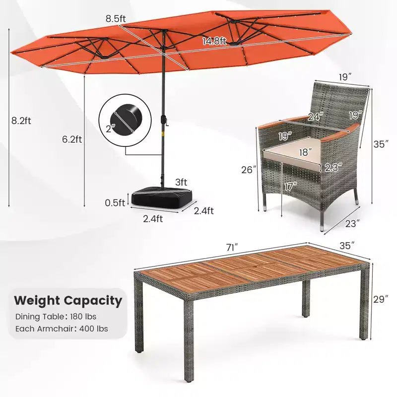Costway 11-teiliges Essgruppenset für die Terrasse mit 4,6 m großem doppelseitigem Sonnenschirm, 8 Armlehnstühlen, Blau/Beige/Orange/Weinrot