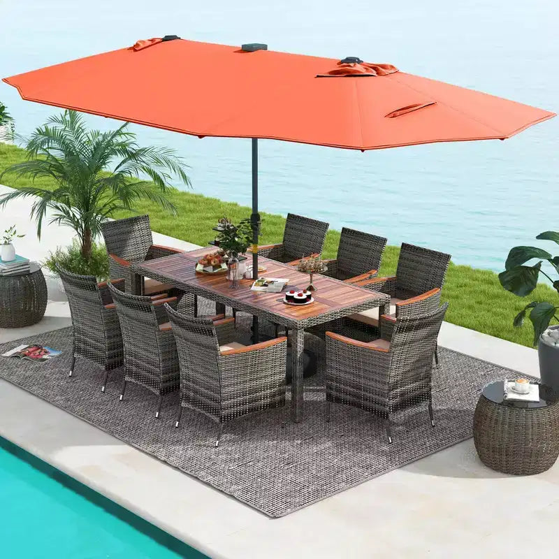 Costway 11-teiliges Essgruppenset für die Terrasse mit 4,6 m großem doppelseitigem Sonnenschirm, 8 Armlehnstühlen, Blau/Beige/Orange/Weinrot