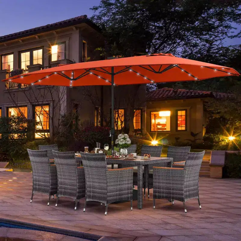 Costway 11-teiliges Essgruppenset für die Terrasse mit 4,6 m großem doppelseitigem Sonnenschirm, 8 Armlehnstühlen, Blau/Beige/Orange/Weinrot