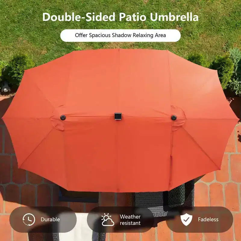 Costway 11-teiliges Essgruppenset für die Terrasse mit 4,6 m großem doppelseitigem Sonnenschirm, 8 Armlehnstühlen, Blau/Beige/Orange/Weinrot