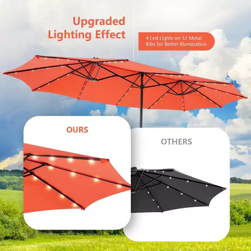 Costway 11-teiliges Essgruppenset für die Terrasse mit 4,6 m großem doppelseitigem Sonnenschirm, 8 Armlehnstühlen, Blau/Beige/Orange/Weinrot