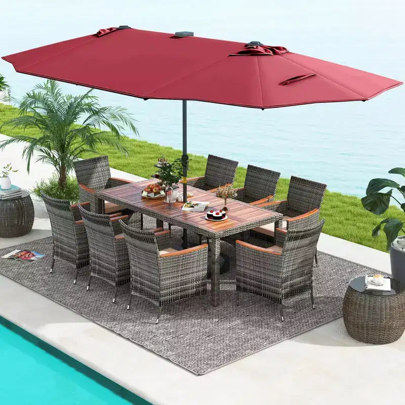 Costway 11-teiliges Essgruppenset für die Terrasse mit 4,6 m großem doppelseitigem Sonnenschirm, 8 Armlehnstühlen, Blau/Beige/Orange/Weinrot