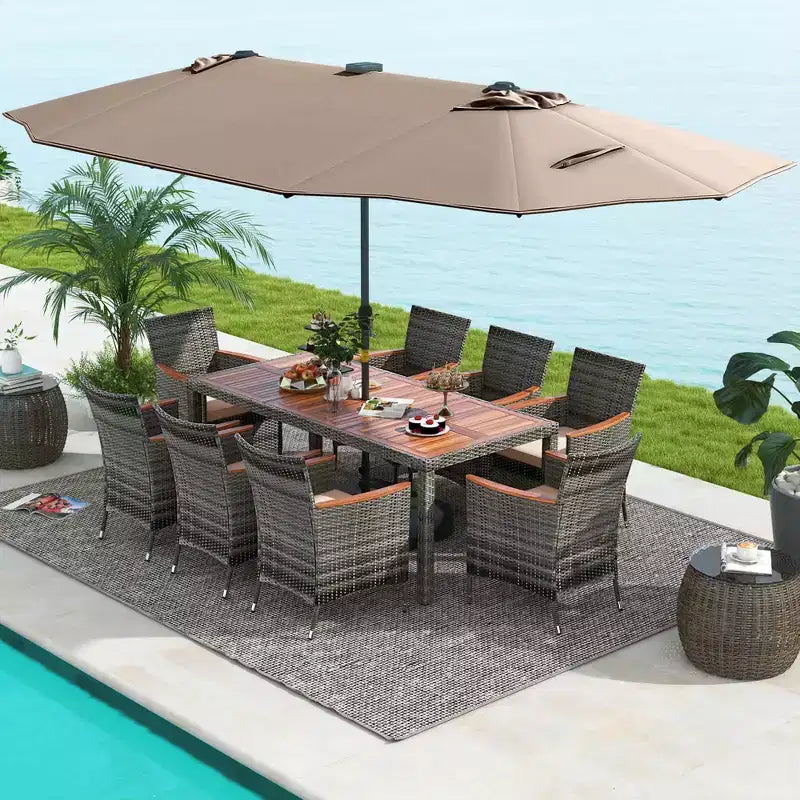 Costway 11-teiliges Essgruppenset für die Terrasse mit 4,6 m großem doppelseitigem Sonnenschirm, 8 Armlehnstühlen, Blau/Beige/Orange/Weinrot