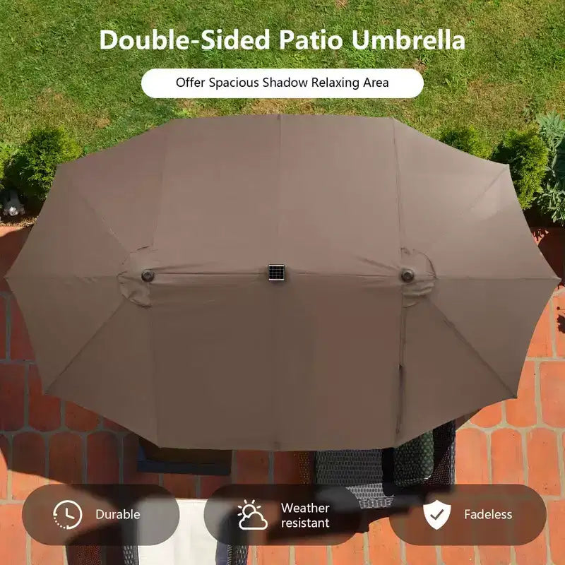 Costway 11-teiliges Essgruppenset für die Terrasse mit 4,6 m großem doppelseitigem Sonnenschirm, 8 Armlehnstühlen, Blau/Beige/Orange/Weinrot