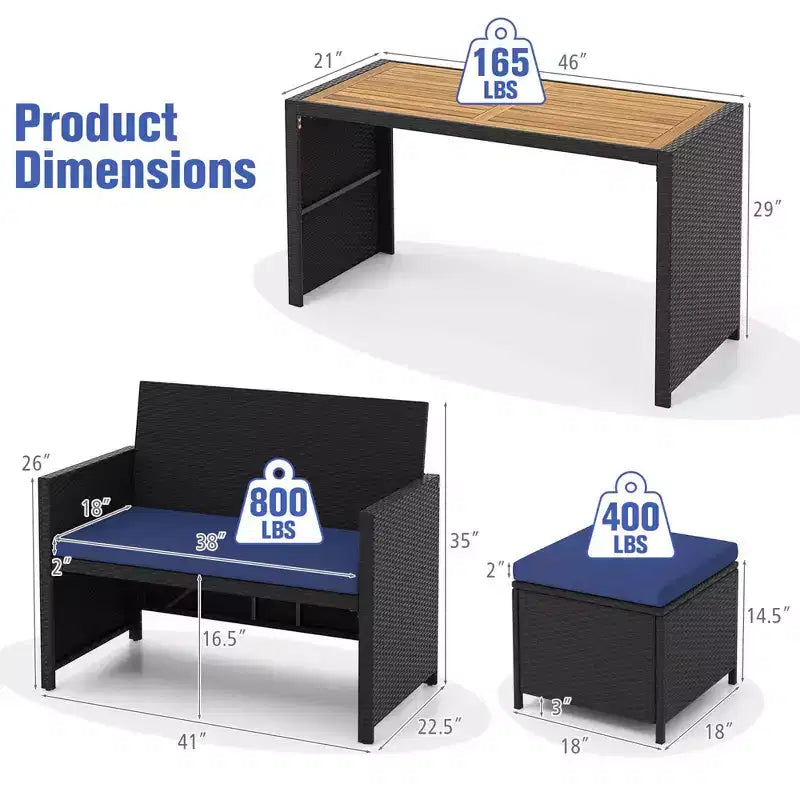 Juego de comedor de 4 piezas para exteriores Costway, sofá biplaza de ratán y 2 otomanas, azul