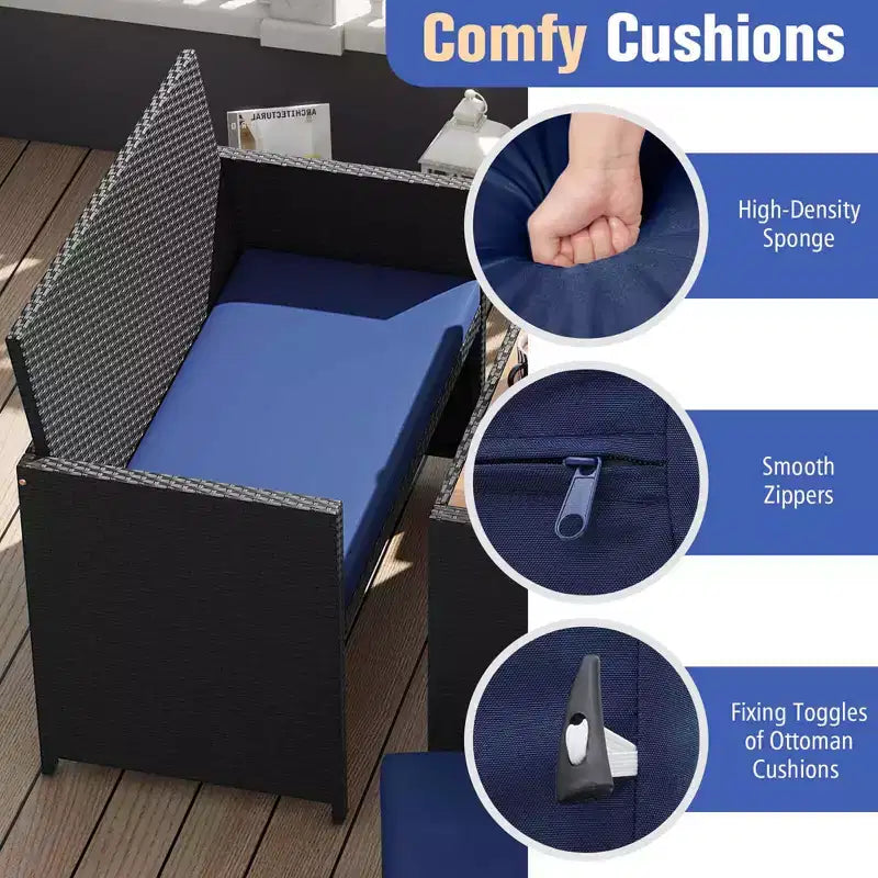 Juego de comedor de 4 piezas para exteriores Costway, sofá biplaza de ratán y 2 otomanas, azul