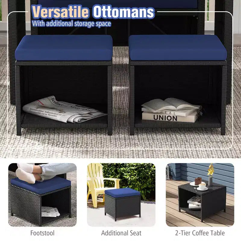 Juego de comedor de 4 piezas para exteriores Costway, sofá biplaza de ratán y 2 otomanas, azul