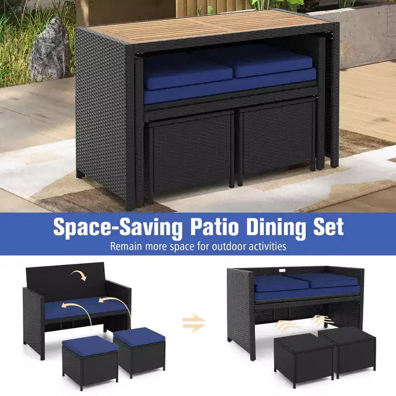 Juego de comedor de 4 piezas para exteriores Costway, sofá biplaza de ratán y 2 otomanas, azul