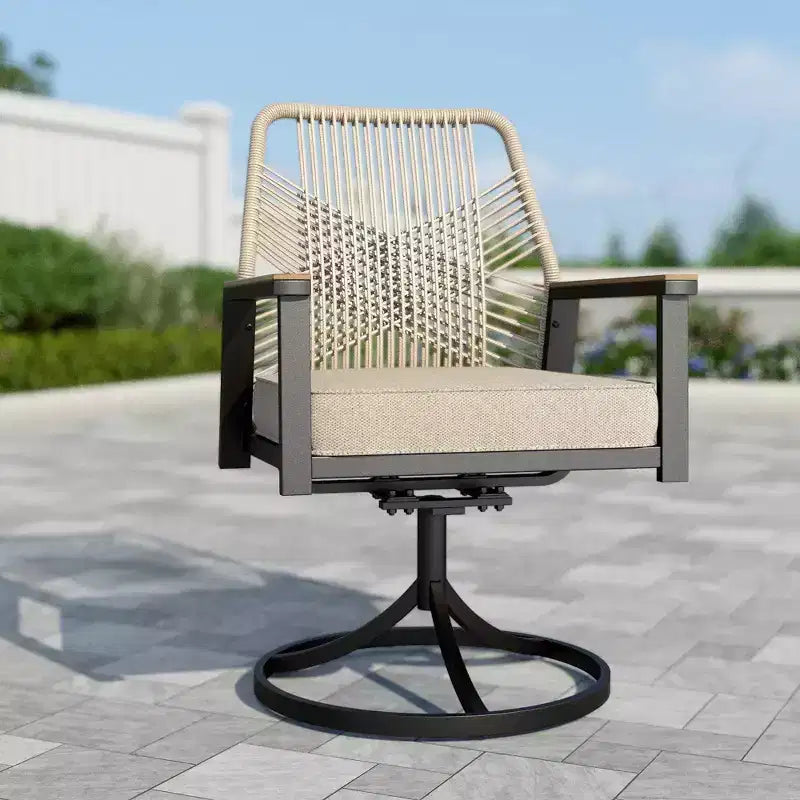 Captiva Designs 9-teiliges Outdoor-Essset mit quadratischem Metalltisch mit Lamellenplatte und drehbaren Korbstühlen mit dicken Polstern